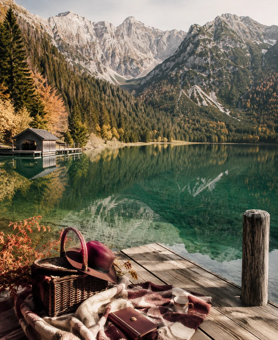 Kristallklarer Alpensee mit Picknick am Holzsteg und Bergpanorama