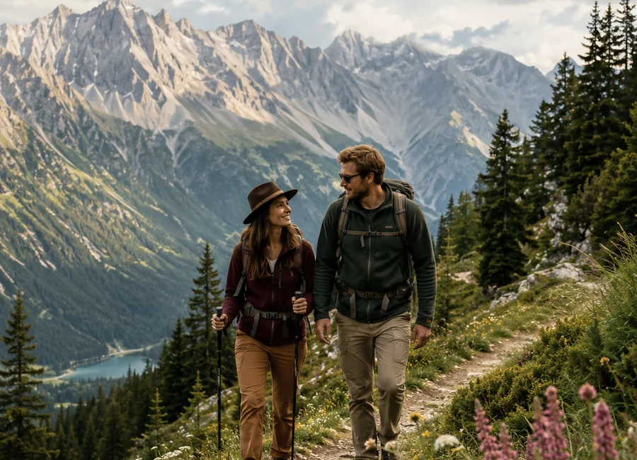 Wanderpaar auf einem alpinen Weg mit Wildblumen und Bergpanorama