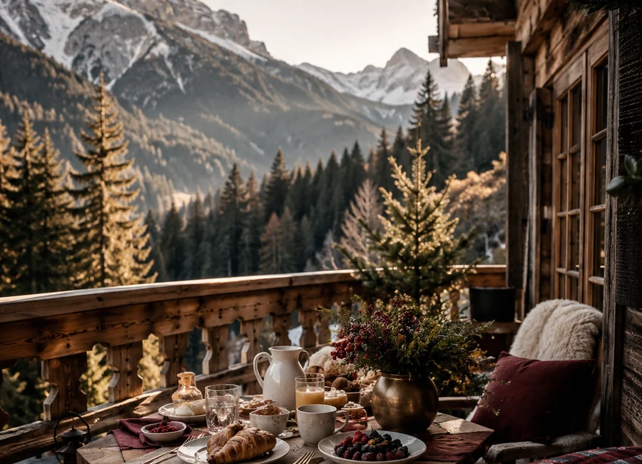 Chaletfrühstück auf einer Holzterrasse mit Alpenblick
